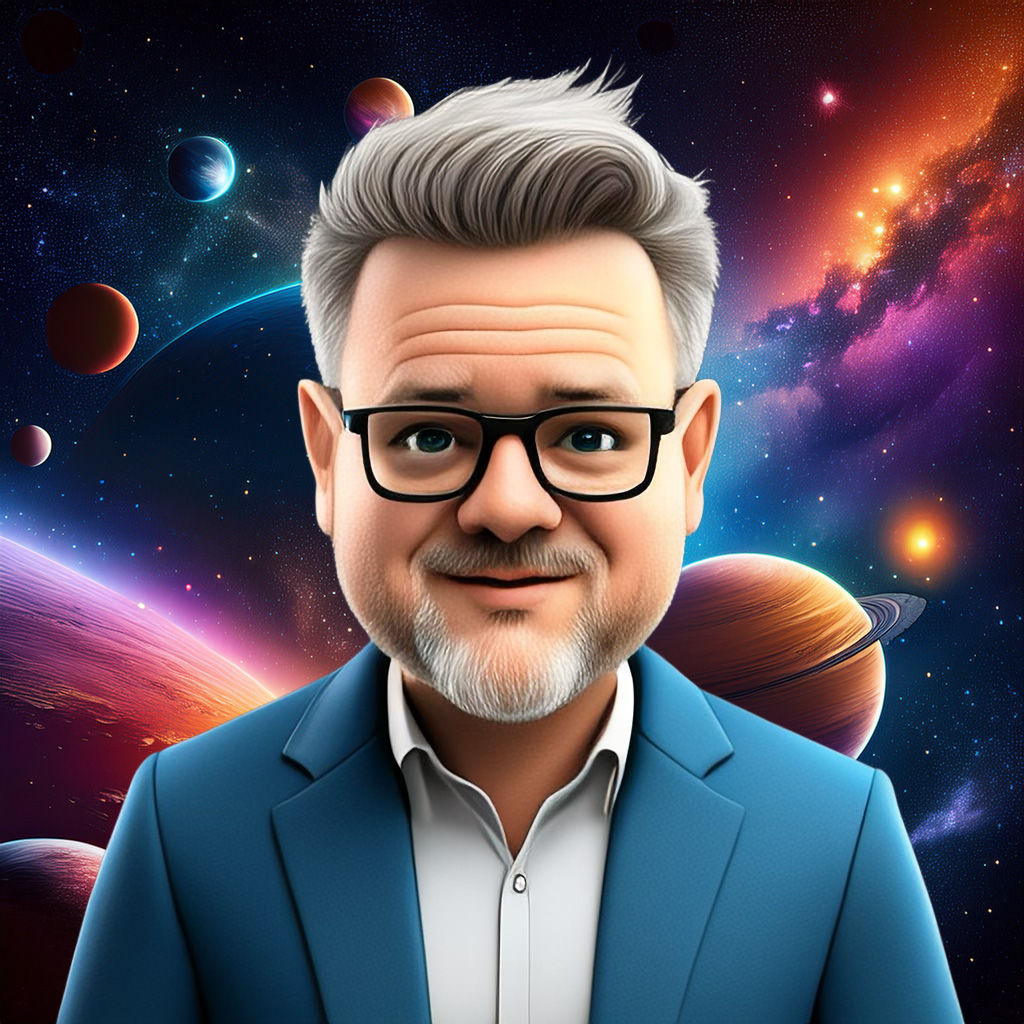 A portrait illustration of Lab Boy One with a background full of deep space imagery