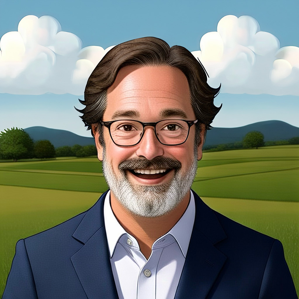 A cartoon image of Lab Boy One in front of a country side with fluffy white clouds in the sky