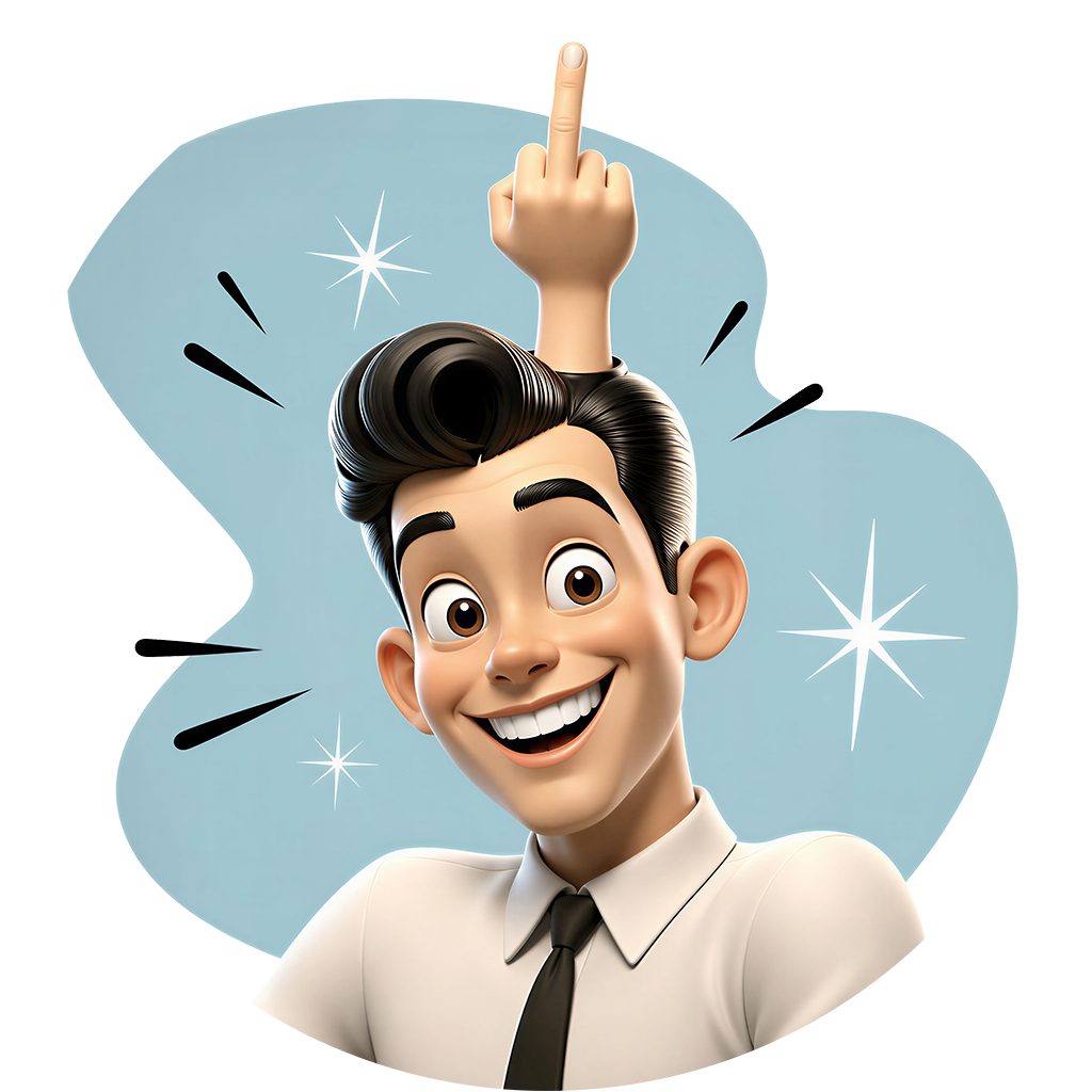 Lab Boy Games Logo featuring a 3D character inspired by 1950s illustration. He is smiling and has a hand growing out of the top of his head flipping the bird