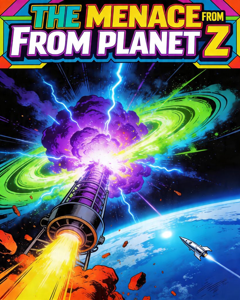 Illustrated postcard for The Menace From Planet Z. It shows missiles heading towards Earth in a pop art style.