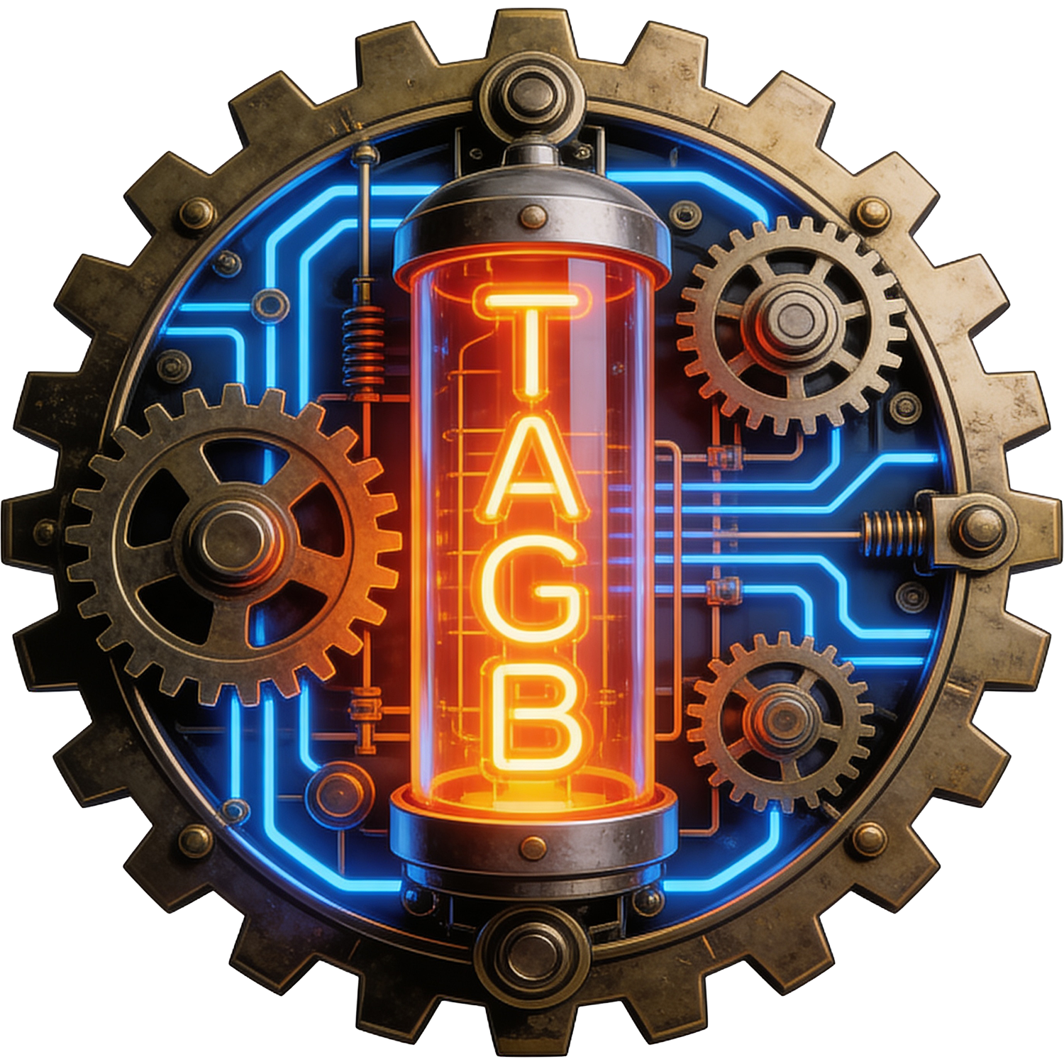 001-revamped-logo-website The Adventure Game Builder Logo, rounded with geared edges, gears on the inside with blue glowing power lines and a glowing nixie tube inside with TAGB